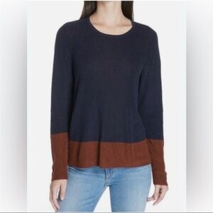 Eileen Fisher Oversized Fit Navy and Brown Silk Blend Crew Neck Knit Sweater